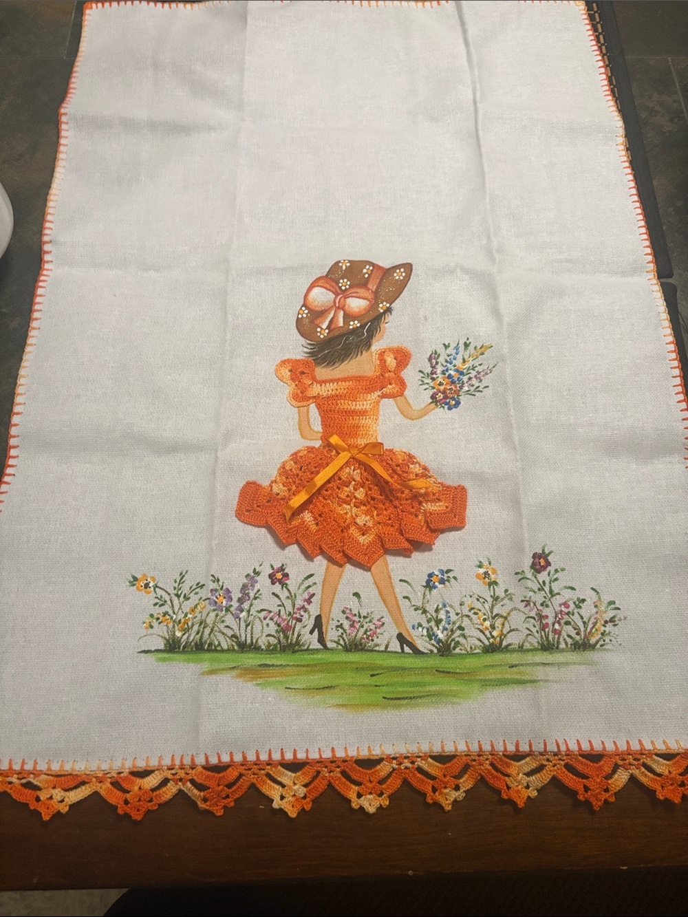 Handmade Orange Girl Embroidered Home Accent Tea Towel